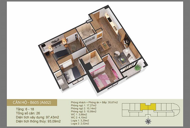 Thiết kế căn hộ A602-B605 Chung cư Tây Hồ River View