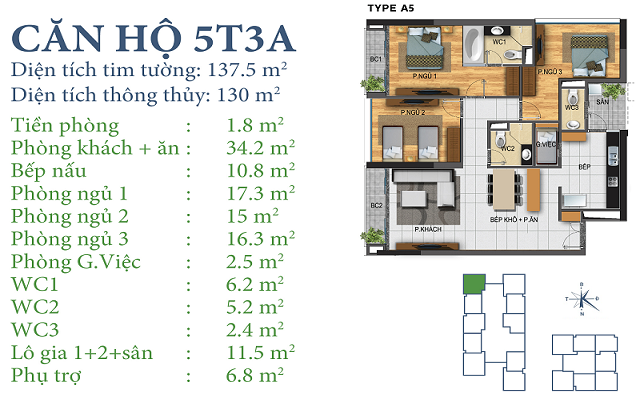 Thiết kế căn hộ 5T3A Chung cư Horizon Tower