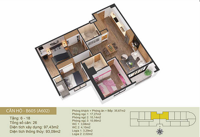 Thiết kế căn hộ A602-B605 Chung cư Tây Hồ River View