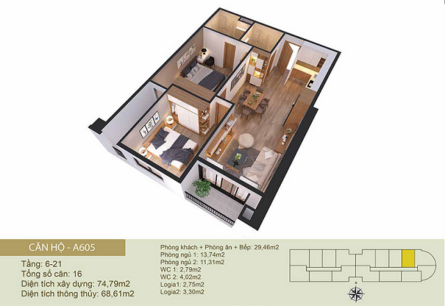 Thiết kế căn hộ A605 Chung cư Tây Hồ River View
