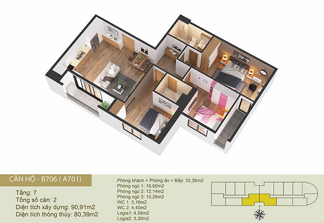 Thiết kế căn hộ A701-B606 Chung cư Tây Hồ River View