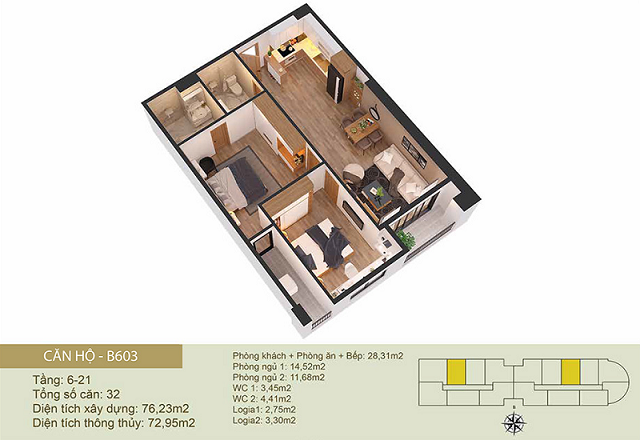 Thiết kế căn hộ A604-B603 Chung cư Tây Hồ River View