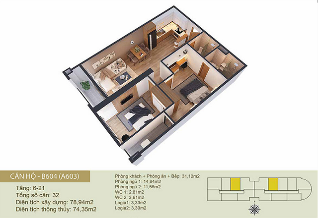Thiết kế căn hộ A603-B604 Chung cư Tây Hồ River View