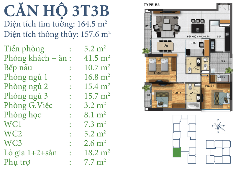 Thiết kế căn hộ 3T3B Chung cư Horizon Tower