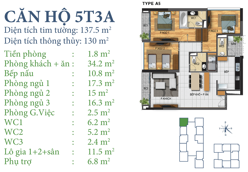 Thiết kế căn hộ 5T3A Chung cư Horizon Tower