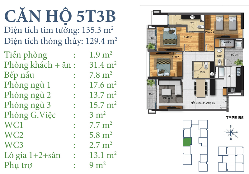 Thiết kế căn hộ 5T3B Chung cư Horizon Tower