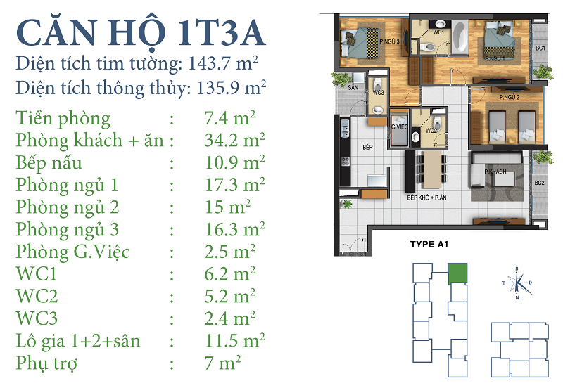 Thiết kế căn hộ 1T3A Chung cư Horizon Tower