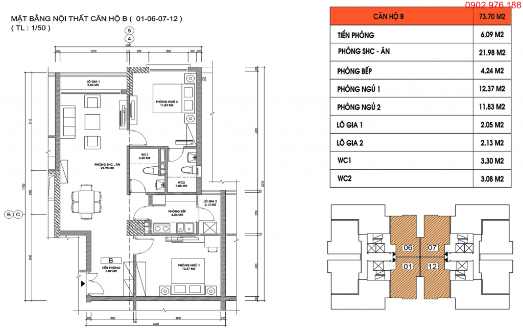 Thiết kế căn hộ B tòa C1 Chung cư Xuân Đỉnh