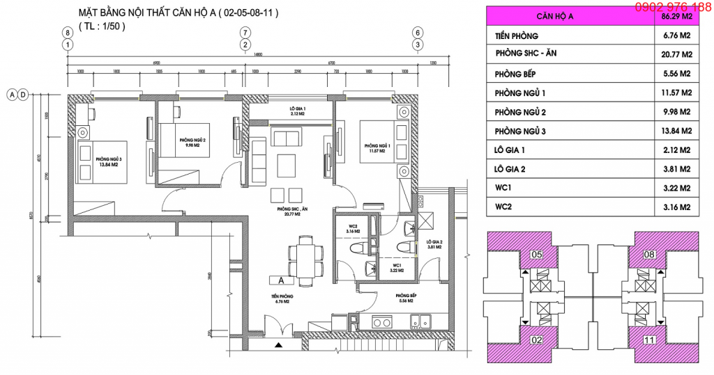 Thiết kế căn hộ A tòa C1 Chung cư Xuân Đỉnh