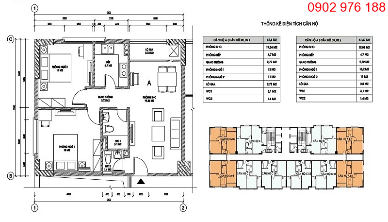 Thiết kế căn hộ A tòa C2 Chung cư Xuân Đỉnh