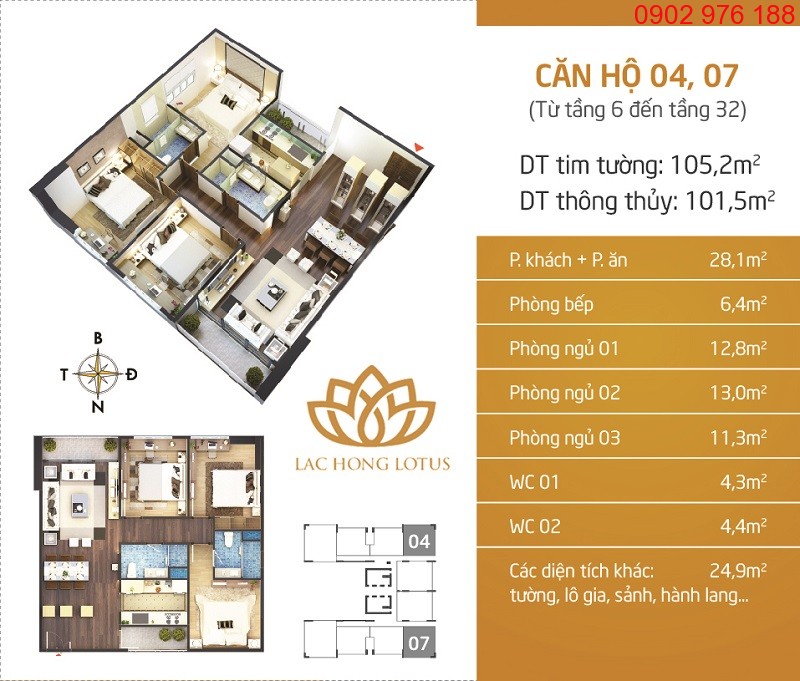 Thiết kế căn hộ 3 phòng ngủ các căn 04-07 có diện tích 101m2