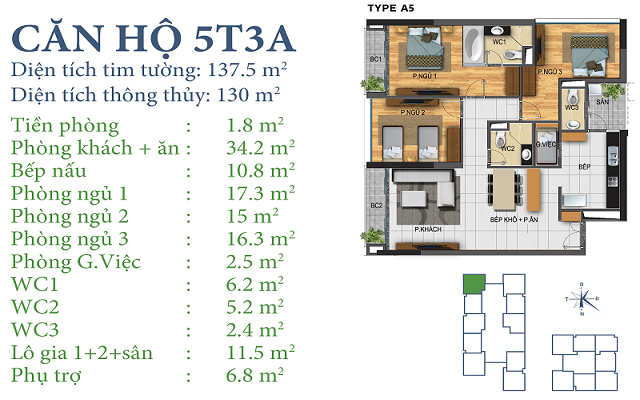 thiết kế căn hộ 5T3A chung cư Horizon tower