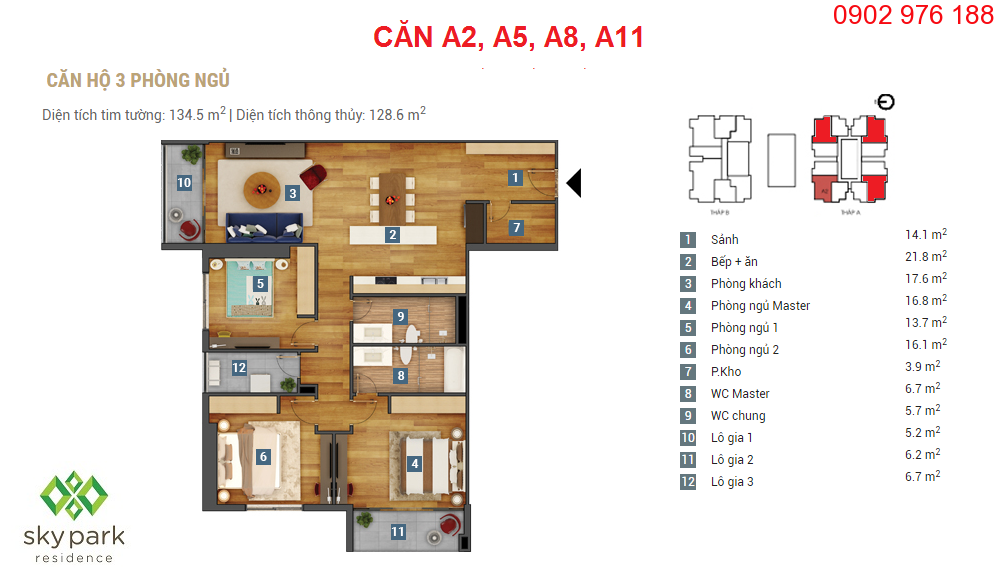 thiết kế căn hộ 128,6m2 chung cư sky park