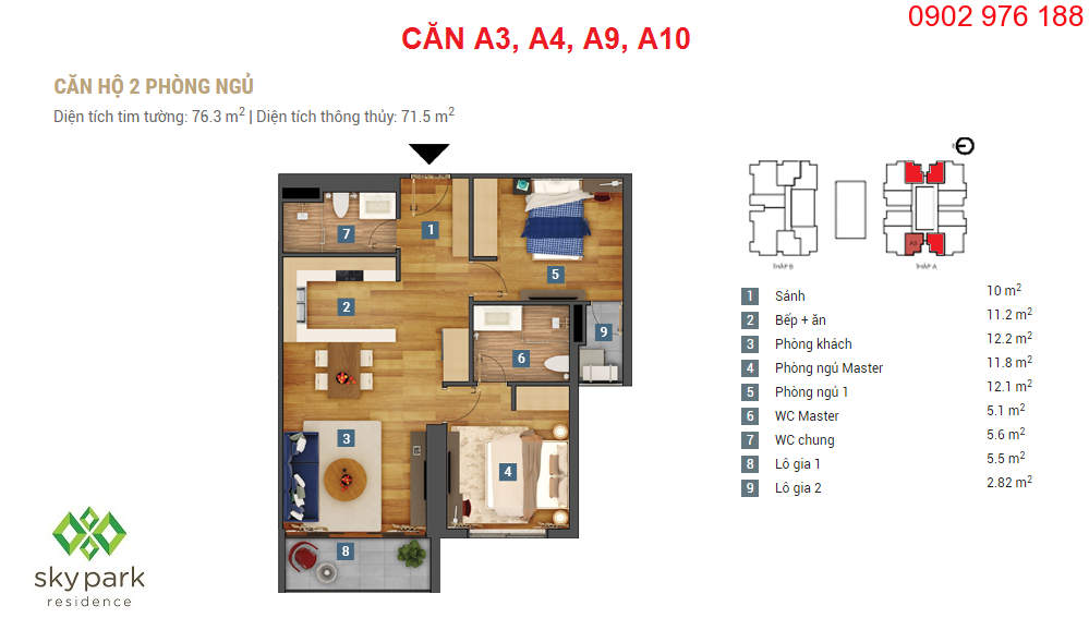 thiết kế căn hộ 71,5m2 chung cư sky park