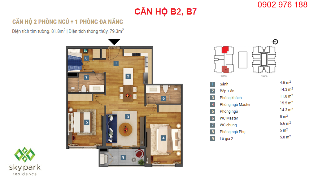 thiết kế căn hộ 79,3m2 chung cư sky park