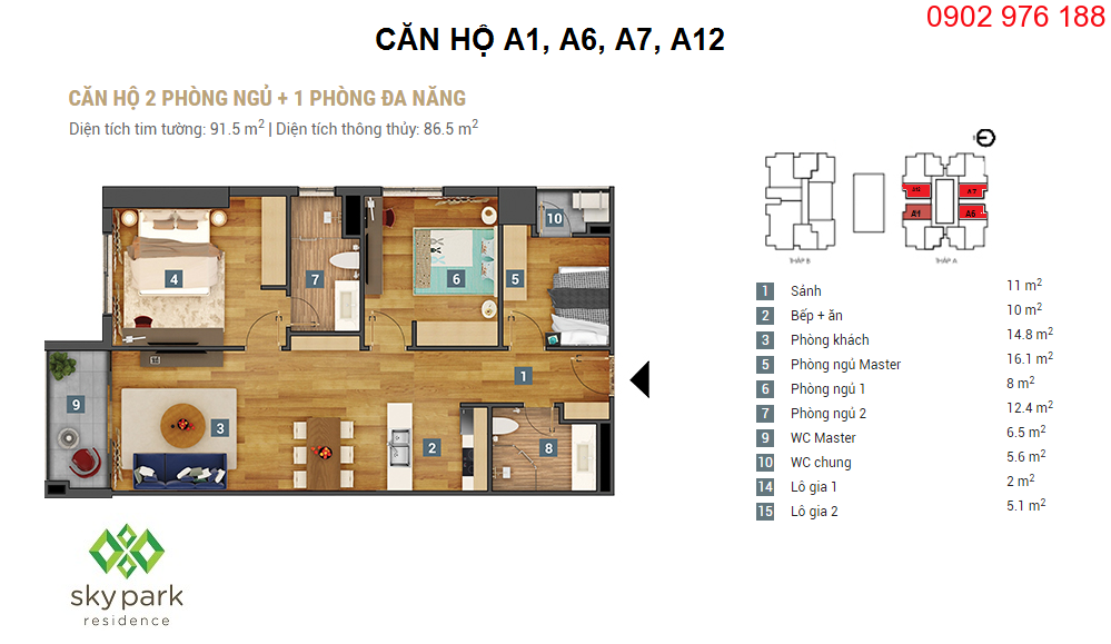 thiết kế căn hộ 86,5m2 chung cư sky park