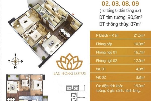 Mặt bằng thiết kế căn hộ 2 phòng ngủ chung cư lạc hồng lotus 1