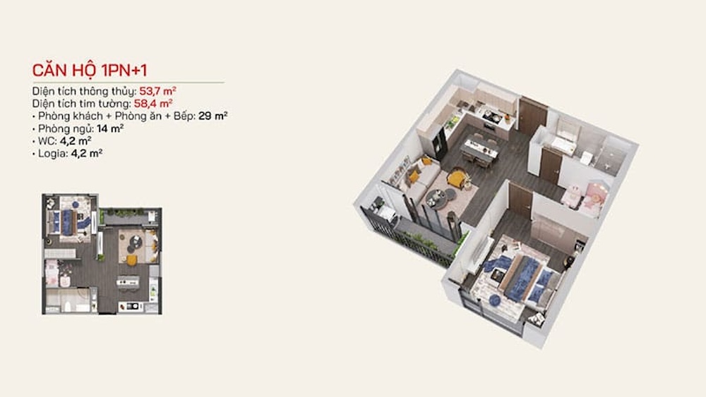Layout thiết kế căn 1PN+1 Chung cư Lumiere Bayfront