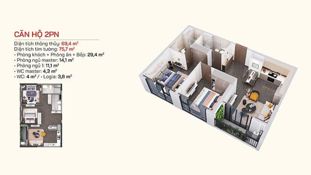 Layout thiết kế căn 2PN Chung cư Lumiere Bayfront