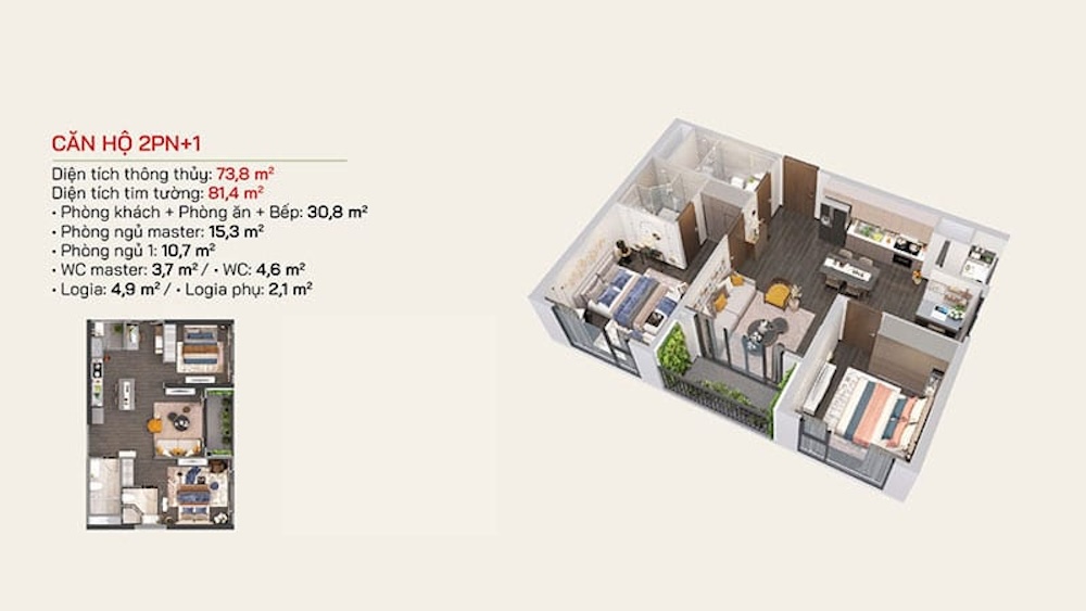Layout thiết kế căn 2PN+1 Chung cư Lumiere Bayfront