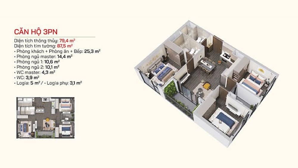 Layout thiết kế căn 3PN Chung cư Lumiere Bayfront