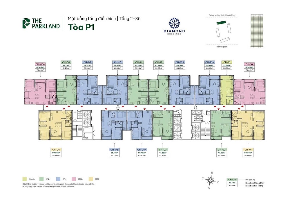 Mặt bằng thiết kế điển hình toà P1 The Parkland Ocean Park 2